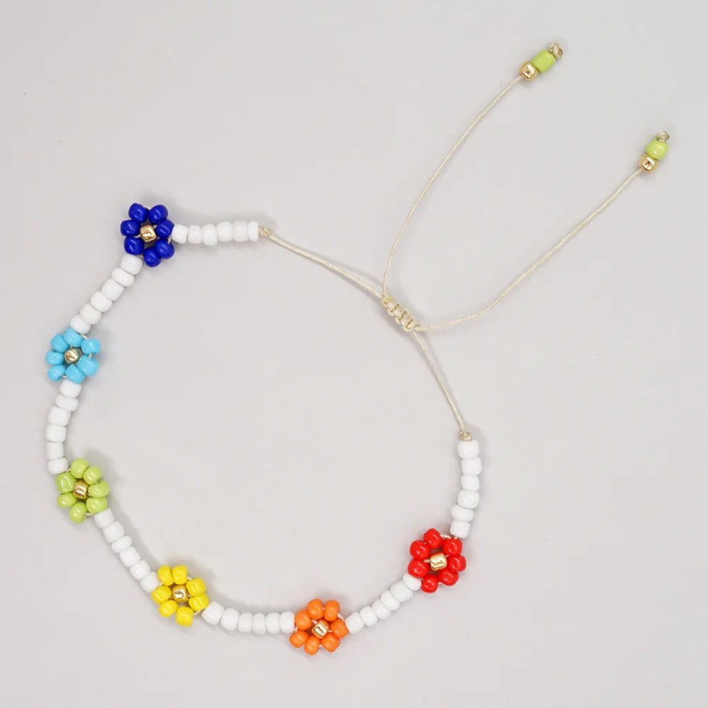 Boho Colorful Glass Seed Beaded Bracelet Handmade Flower Daisy Adjustable Bracelet for Women