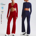 SHINBENE Recycled Polyester Women's Workout 2Pcs Set Sustainable Twist Long Sleeve and Flare Leggings Gym Fitness Sets