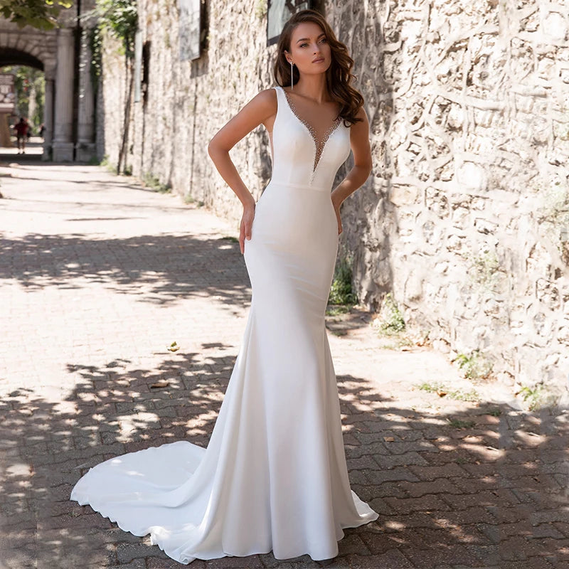 13119#Simple Mermaid V Neck Beach Bohemian Ruched Satin Illusion Back Ruched Crystal Sleeveless Wedding Dress Bridal Gown