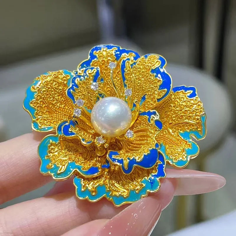 Retro Chinese Style Peony Flower Women's Gold Plated Brass Brooch Pin with Natural White Freshwater Pearl 10-11mm