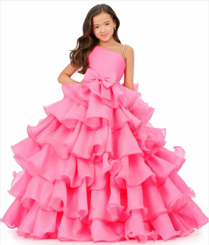 Elegant Sleeveless One-shoulder Puff Bow Ruffled Princess Dress Wedding Party Girl Dress