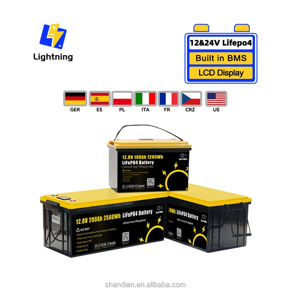 Manufacturer Wholesale GoKWh 12V 12.8V 100Ah Battery Pack 50A 100A 200Ah Lithium Ion Solar LCD RV Home Boat Ship Storage Energy