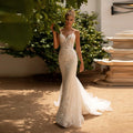13692#Boho V-Neck Mermaid Elegant Sleeveless Backless Lace Sweep Train Lace Applique Spaghetti Straps Wedding Dress Bridal Gown
