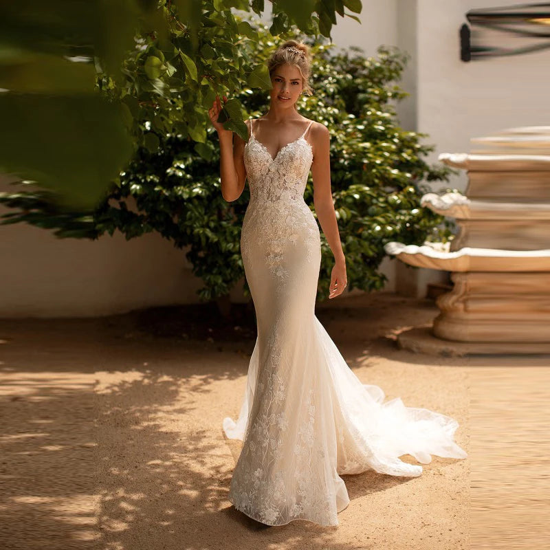 13692#Boho V-Neck Mermaid Elegant Sleeveless Backless Lace Sweep Train Lace Applique Spaghetti Straps Wedding Dress Bridal Gown