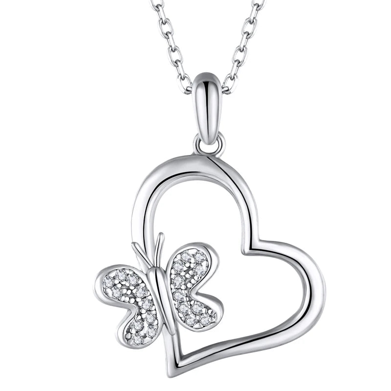 925 Sterling Silver Heart & Butterfly Pendant Necklace Rhodium Plated Cubic Zirconia Stones Necklace Fine Jewelry for Women