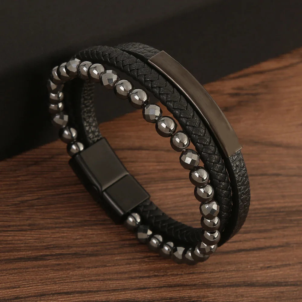 Pulsera De Cuero Multi-layer Natural Hematite Stone Leather Alloy Magnetic Clasp Bracelet Charm Jewelry for Women Men Gift
