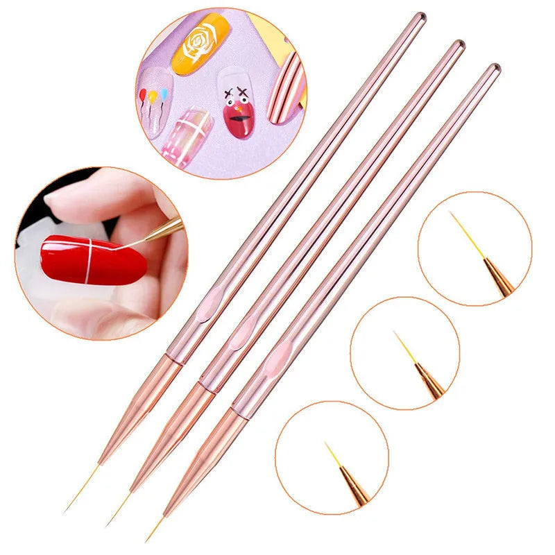 Good Quality 3pcs/set Rose Gold Nail Art Line Painting Brushes with Metal Handle for DIY Drawing Pen Art Sets