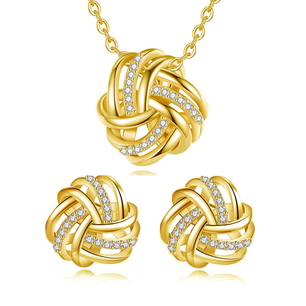 Luxury Elegant Infinity Design Earrings Necklace 925 Sterling Silver Gold Plate Jewelry Sets with Cubic Zirconia