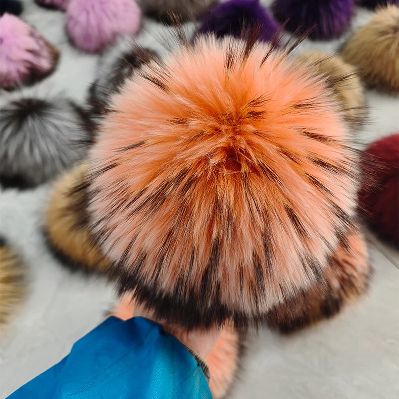 13cm Fluffy Natural Raccoon Fur Pompoms Accessory Snap-on Pom Pom Ball for Hat in Rainbow Colors for Auto Upholstery Garments