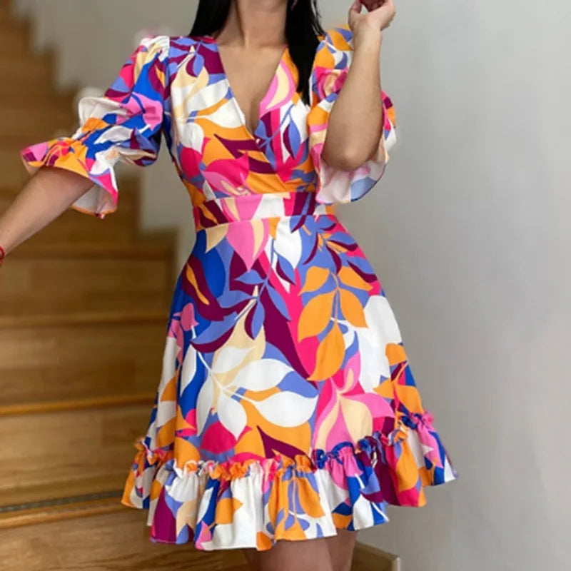 S-3XL Trendy New Street Dress Temperament Commuter V-neck Dress Printed Ruffle Dress
