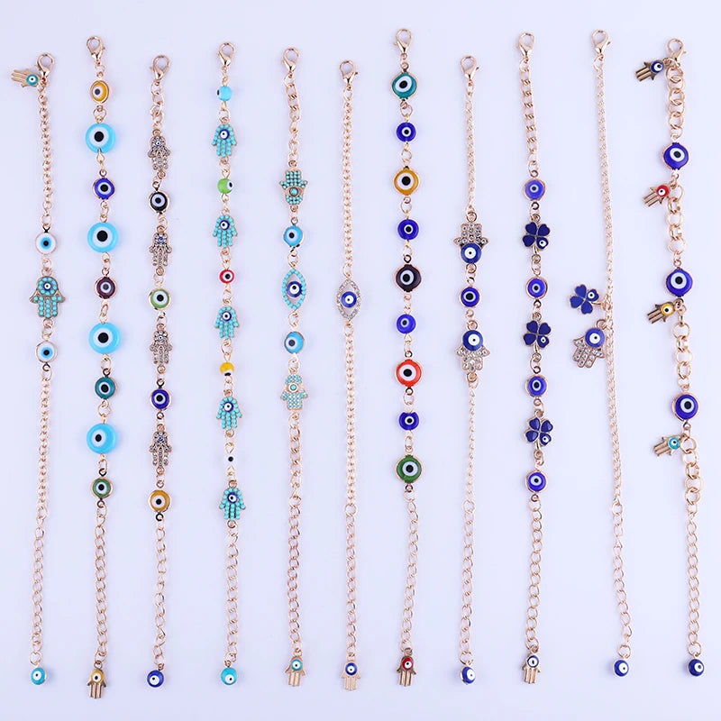 Gold Chain Charms Bracelet Lucky Handmade Fatima Colorful Blue Beads Anklet Hamsa Evil Eye Bracelet