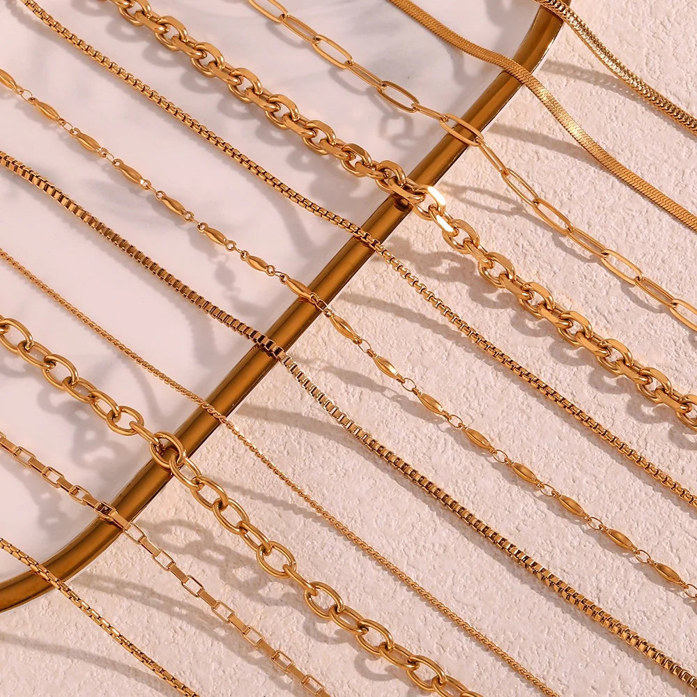 Dreamshow PVD Gold Plated Jewelry Tarnish Free Stainless Steel Paper Clip Chain Box Chain Necklace Set
