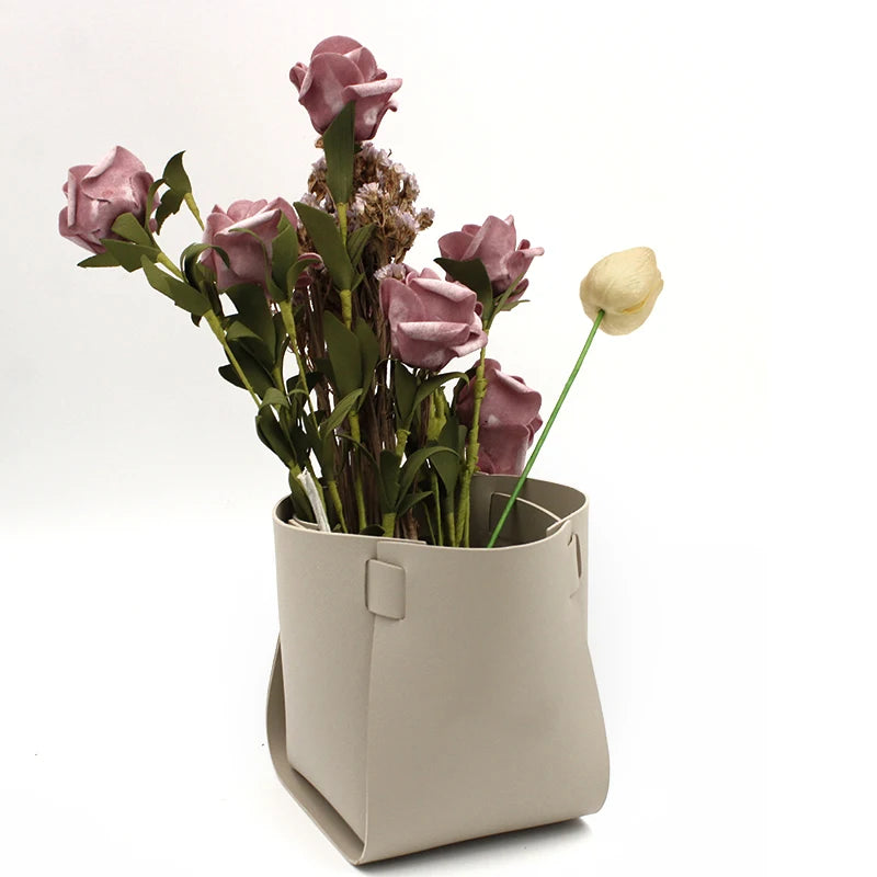 Minimalist PU Leather Flower Pot Tray Foldable Flower Holder Wedding Leather Vase for Flower Home Decor