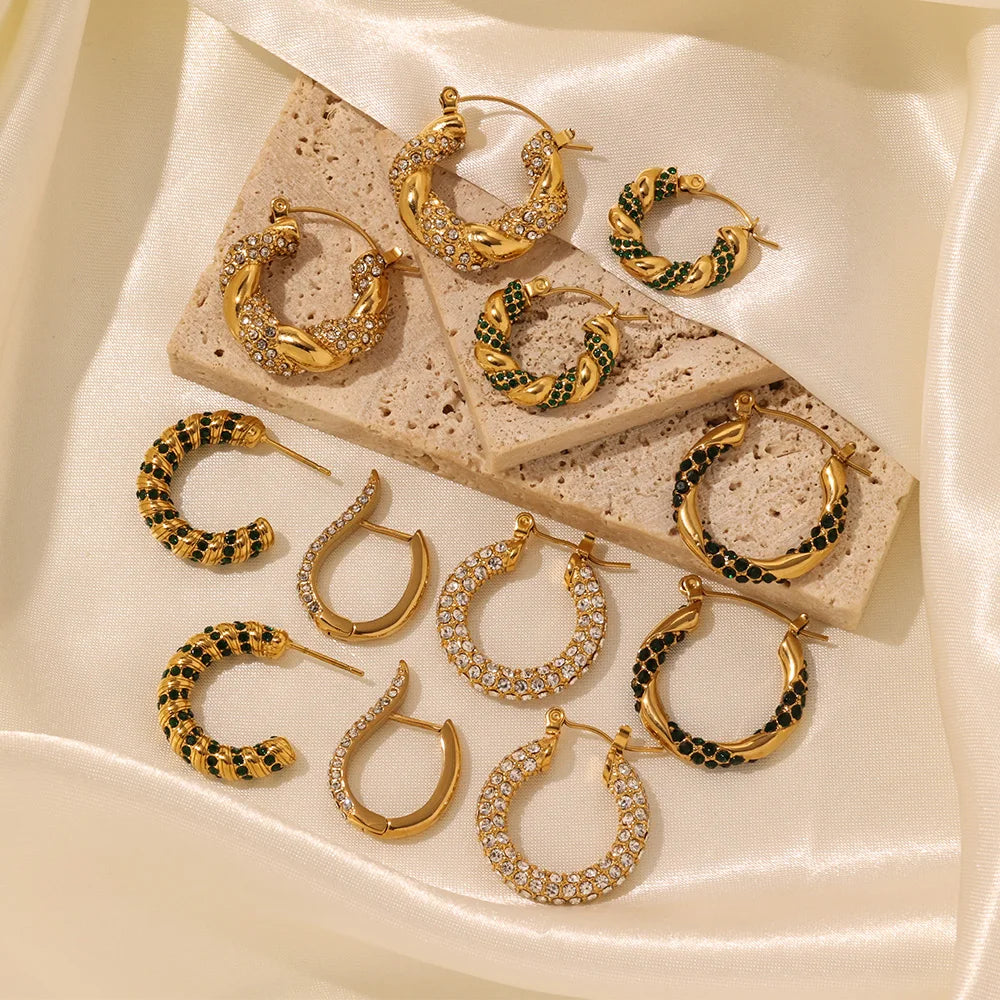 Fashion Gold Plated Huggie Zircon Earrings Non Tarnish Stainless Steel Statement Drop Hoop Earrings for Women Pendientes