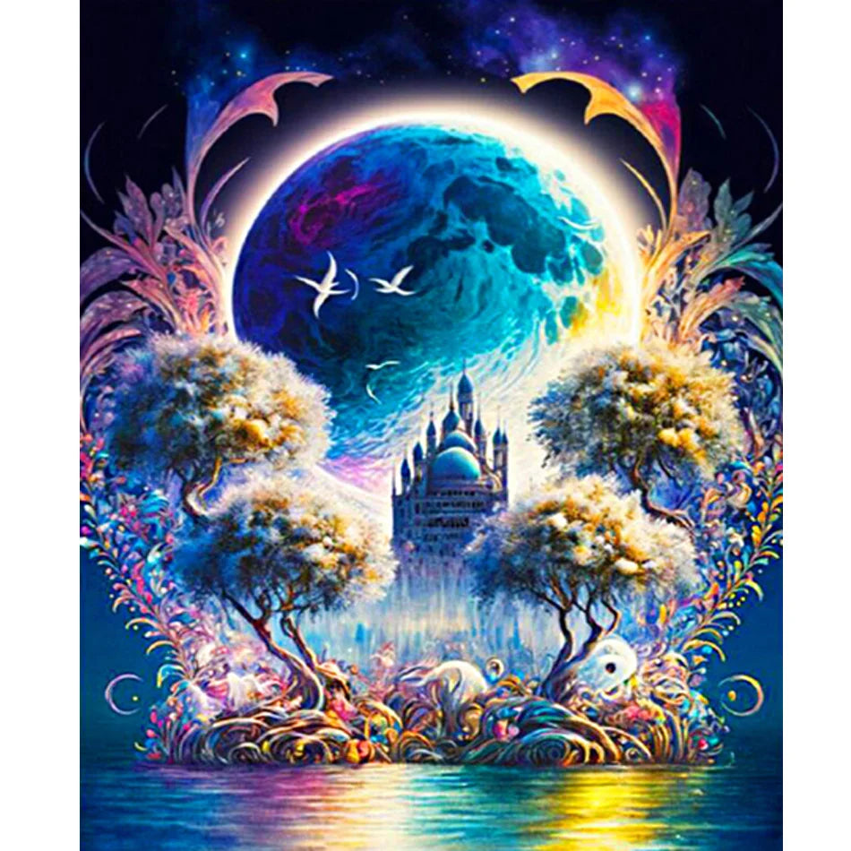 Painting by Numbers for Adults Moon Night Castle Scenery Picture With Numbers Starter Kits for Home Decors 40x50cm/16x20inch