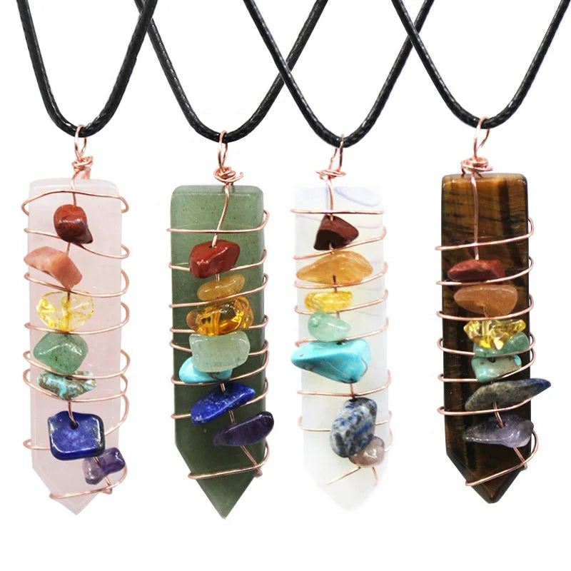 Wholesale Natural Crystal Stone Sword Shape Pendant Amethyst Rose Quartz 7 Chakra Crystal Healing Wire Wrapping Pendant Necklace