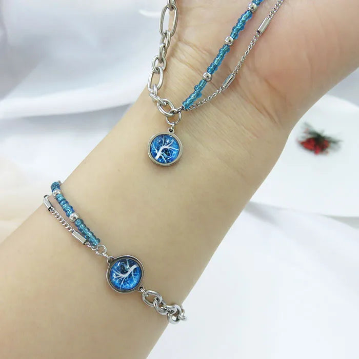 Fatingna Healing Crystal Blue Ocean Stone Pendant Tree of Life Necklaces for Jewelry Set