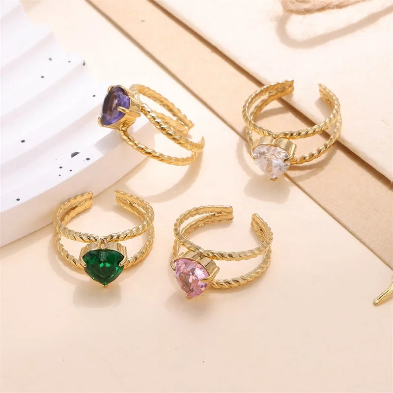 18K Gold Plated Cubic Zirconia Heart Shaped Rings Multi-Color Open Stainless Steel Heart Rings