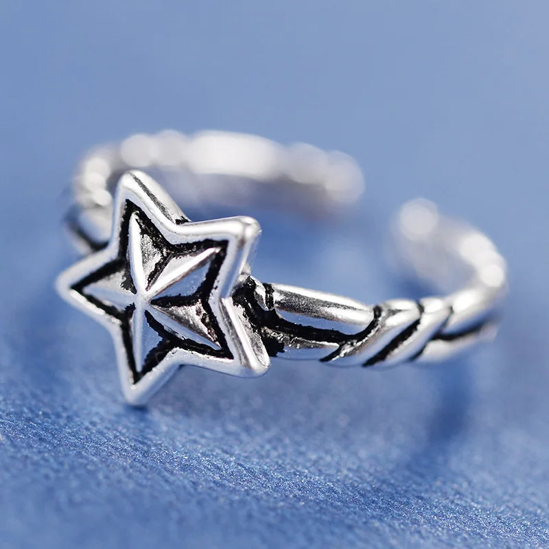 925 Sterling Silver Opening Ring Five-pointed Star Retro Ring Temperament Versatile Sterling Silver Ornaments
