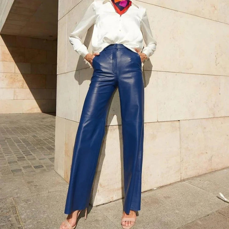 Fashion Office Streetwear Pu Women's Trouser Straight Leg Faux Leather Pants Women