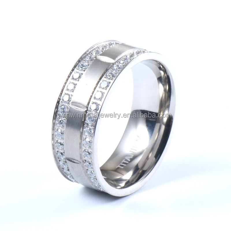 Couples 9mm Titanium Wedding Ring with Diamond and Pearl Two Lines Cubic Zircon Inlay Trendy Engagement Band for Parties Gifts