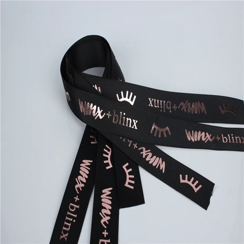 Custom 3D Gold Foil Printed Black 100% Polyester Grosgrain High Tenacity Gift Ribbon Roll