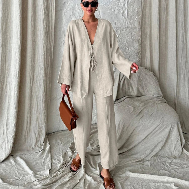 Lace-Up Blouse and Pants 2 Piece Clothing Summer Cotton Lounge Pajamas Women's Sets Casual Modest Ropa De Verano Para Mujer