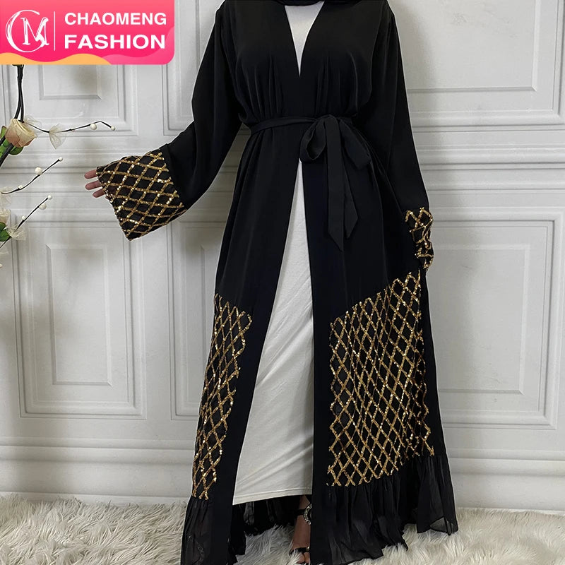 1863# New Abaya Latest Burqa Design Muslim Kimono Sequins Design Kaftan Dress Luxury Front Open Clothing in Turkey