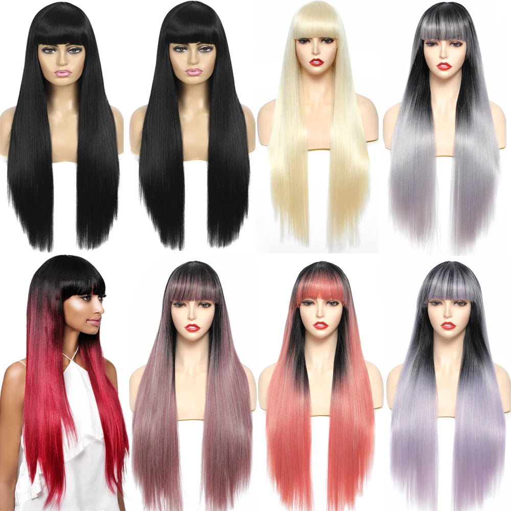 X-TRESS NEW Factory Price 29 Inch Long Straight Hair Lace Front Wig With Bangs Heat Resistant Synthetic Wigs for Black Women