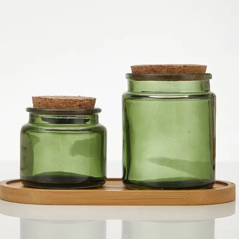 Low Price 100 ml  200 ml Green Color Candle Jar With Soft Wooden Stopper Candle Holder Accept Customized Logo for Candle Making