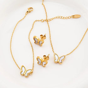 18k Gold Plated Stainless Steel Butterfly Earrings Bracelet Necklace Set Women Jewelry Shell Jewelry Set