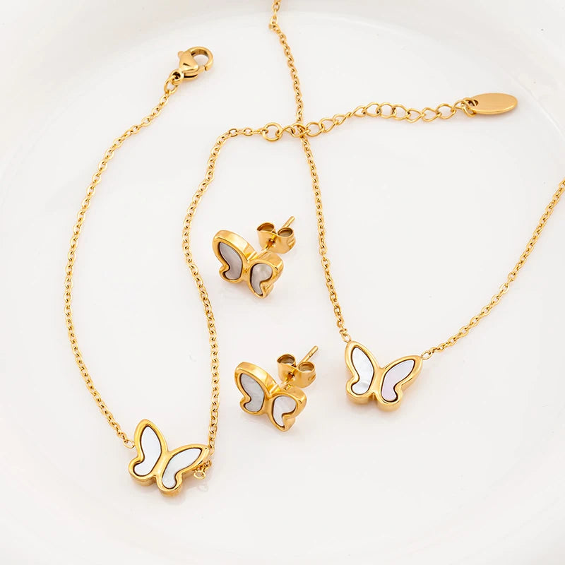 18k Gold Plated Stainless Steel Butterfly Earrings Bracelet Necklace Set Women Jewelry Shell Jewelry Set