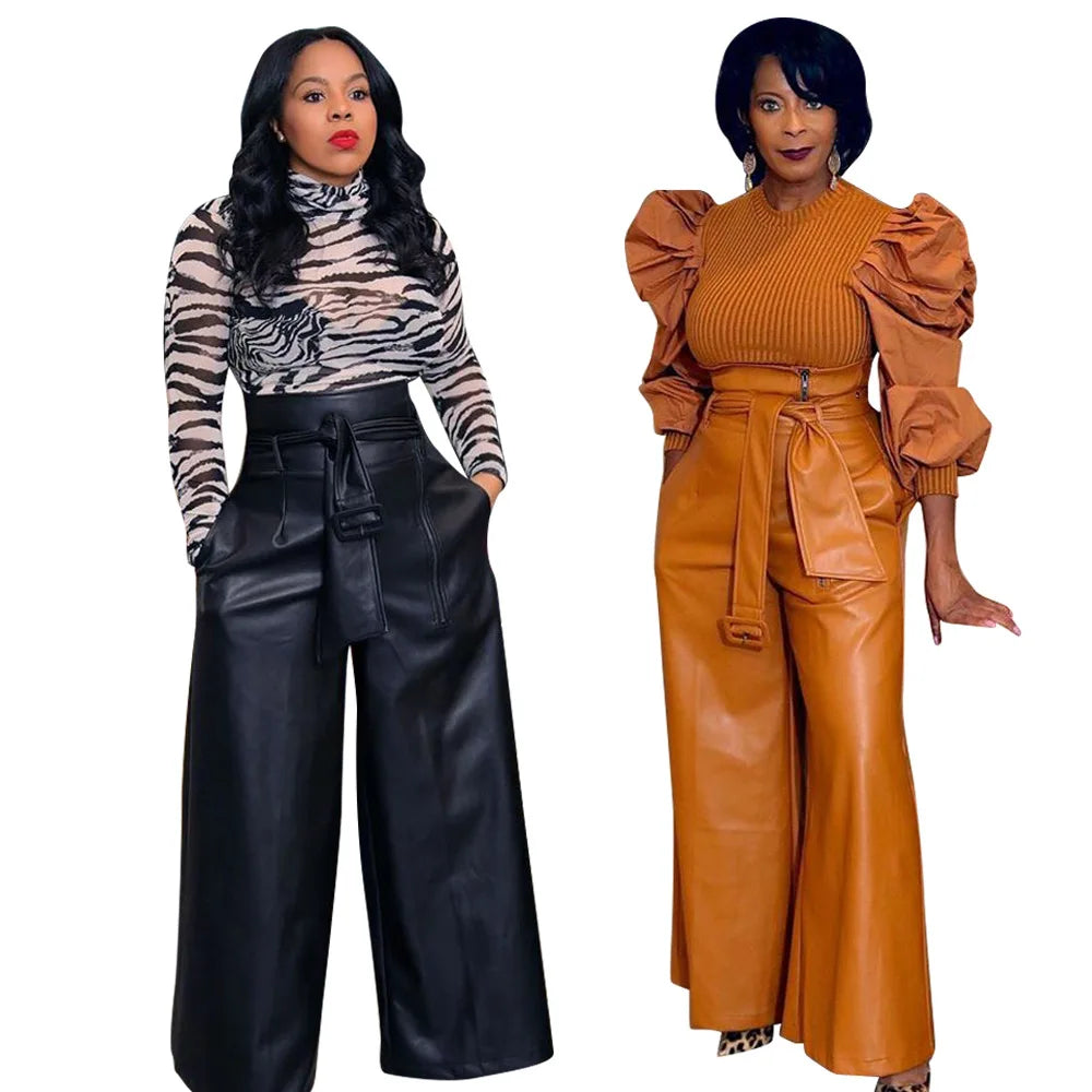 Classic Loose Fashion Solid High Waist Pants With Belts  Wide Leg Pants Vintage Pu Leather Pants Women
