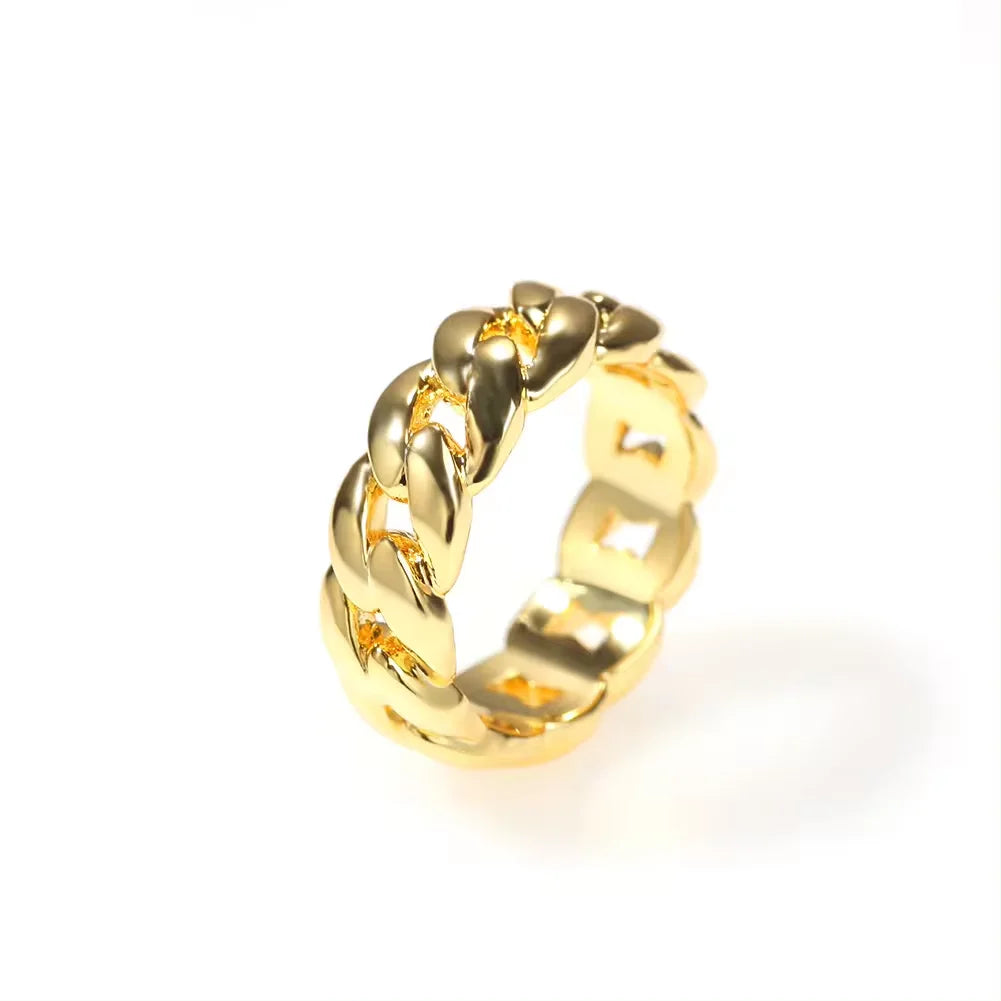 Brass Copper Rhodium Plated Cuban Link Chain Hip Hop Ring with Polished Finish
