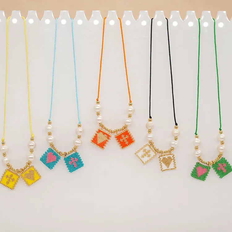 NG1020 Gold Accents Pearl Tiny Miyuki Seed Beaded Scared Heart and Cross Medal Scapular Necklace  Catholic Gifts Religious Jewe