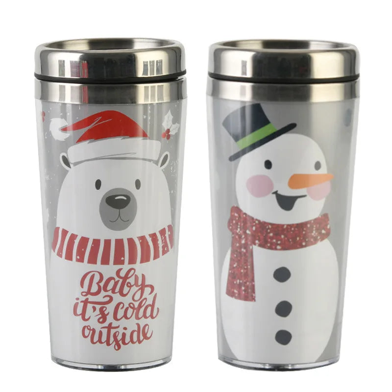 BPA Free Eco-Friendly 450ml Christmas Style Travel Mug Double Wall 304 Stainless Steel Inner Plastic Stainless Steel Tumbler