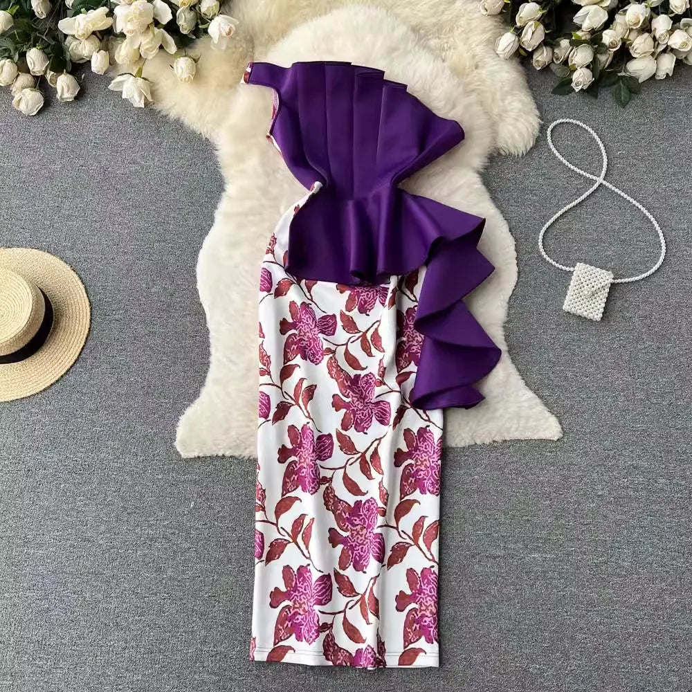 S-4XL Summer Light Luxury Irregular Strapless Dress Ruffle Edge Printed Patchwork Buttocks up Dress