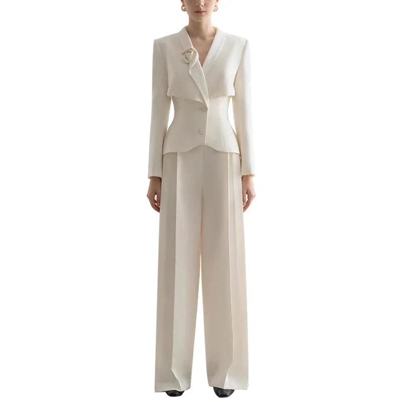 2025 Women's High-End Two-Piece Professional Style Suit Bow Collar Solid Apricot Straight Pants for Spring Autumn Formal Style