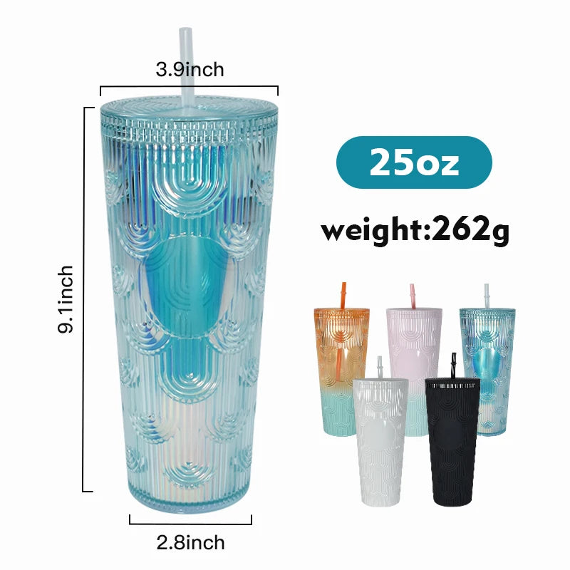 Custom Logo New Diamond Double Wall Print Tumbler Plastic Coffee Cups for Personalization 24oz studded Cups with Straw and Lid