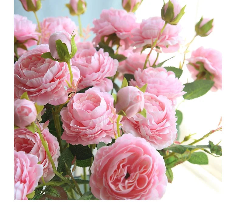 Rose & European-Style Peony Faux Flower 3 Head Artificial Floral Arrangement for Home Decor Weddings and Wall Displays