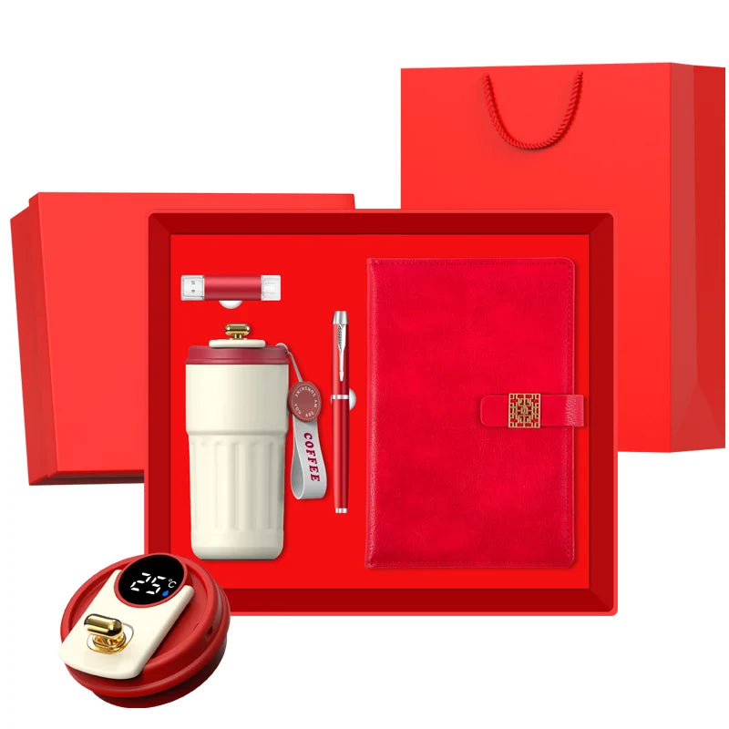 4 in 1 Business Gift Set Temperature Display Coffee Cup Gift Box Contain Cups Notebooks USB and Pen
