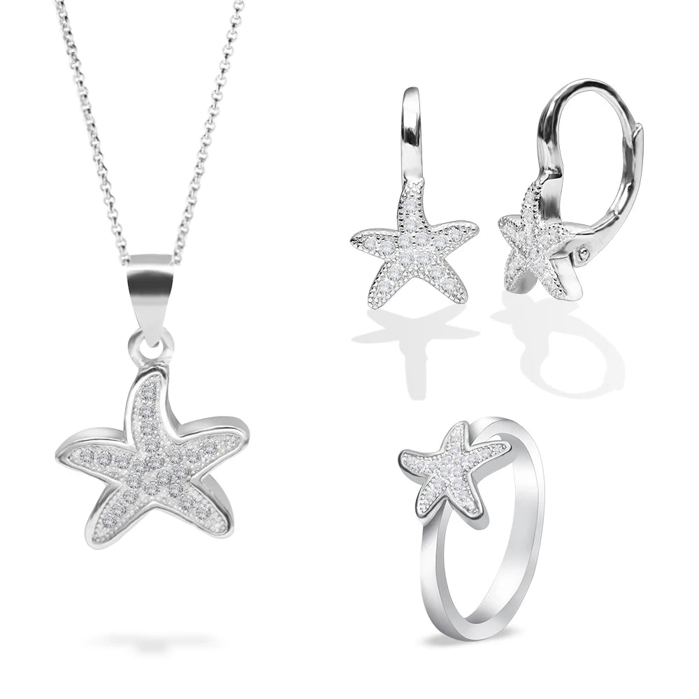 925 Sterling Silver Jewelry Set Unique Starfish Design with Aaa Cubic Zirconia & Rhodium Plating for Party or Gift for Girls