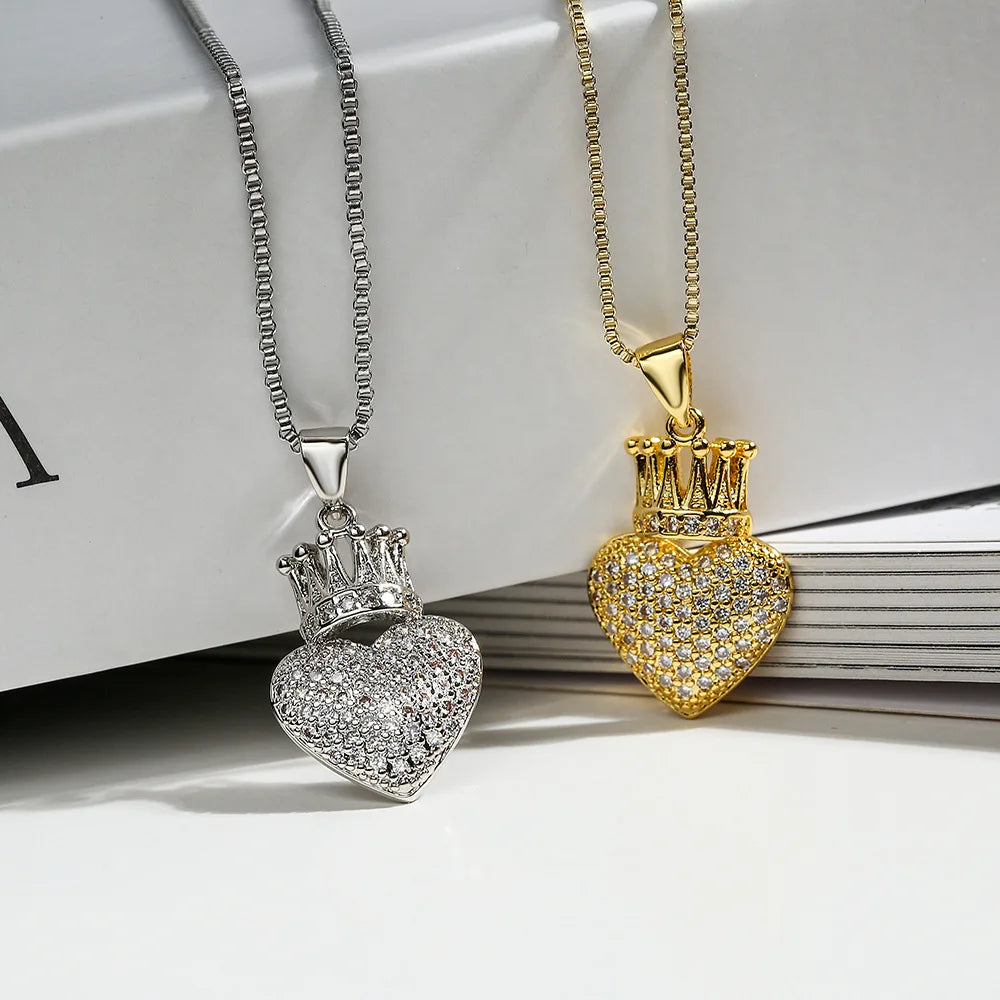 2025 Trendy Crown Love Pendant Necklace Zircon Chain Heart Charm Necklace Gold Plated Jewelry Necklace for Women Girls