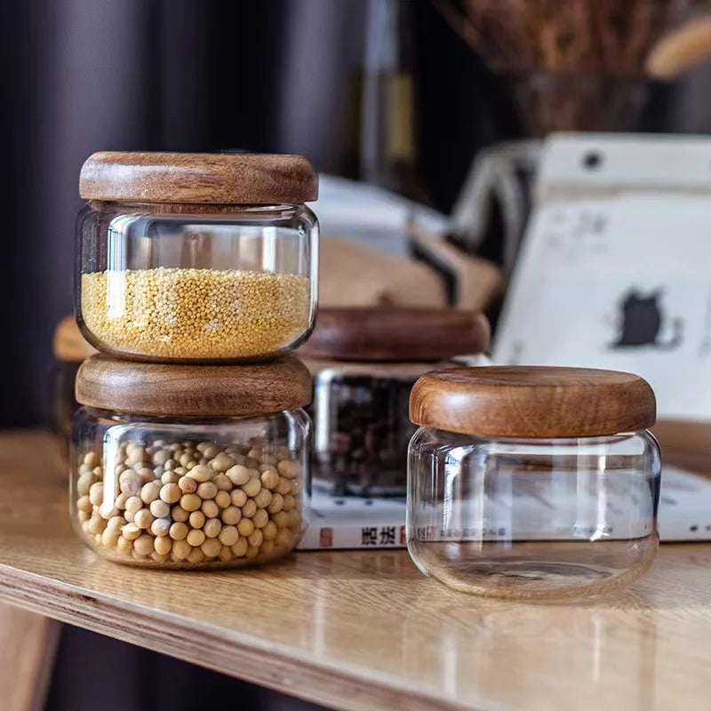Kitchen Airtight Glass Honey Jar Screw Borosilicate Glass Food Storage Jar Glass Jar for Honey With Acacia Wooden Lid