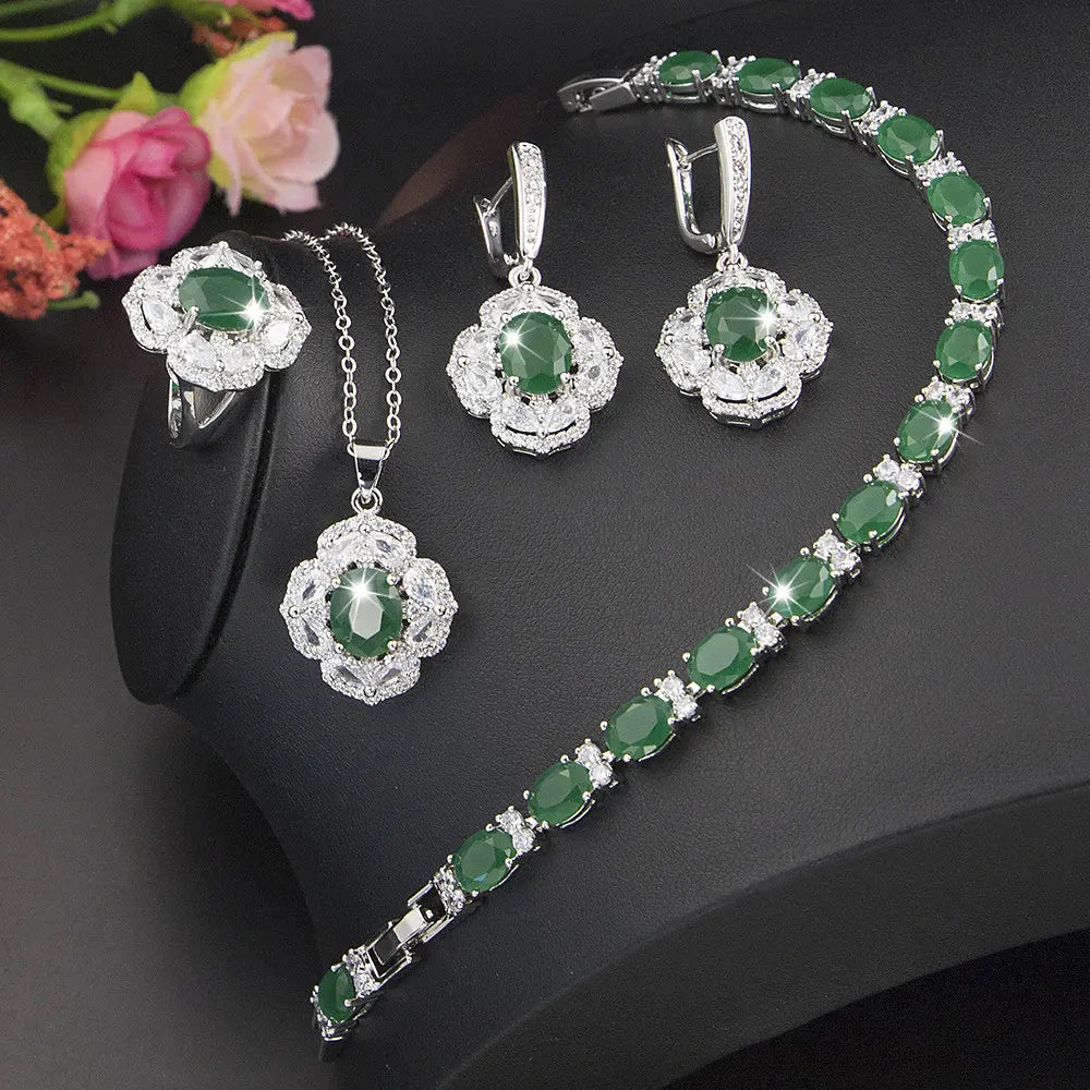 Classic Silver Sets for Women Green Emerald Including Earrings Pendants Ring Bracelet for Wedding Party Engagement Birthday Gift