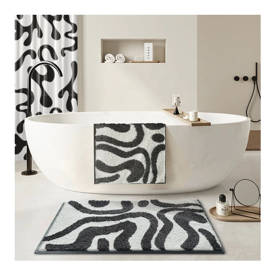 Luxury White Black Striped Plush Shaggy Mats Soft and Absorbent Eco-Friendly Customizable Microfiber Bath Rugs