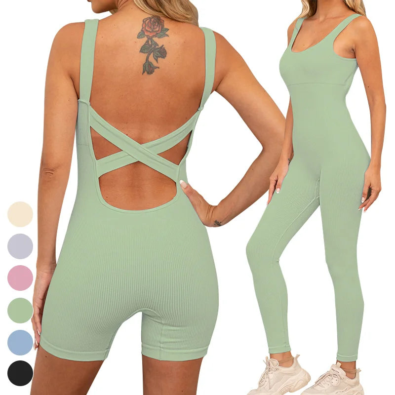 Butt Lifting Cross Back One Piece Jumpsuits Custom Rompers Gym Fitness Workout Bodysuit Seamless Ribbed Yoga Jumpsuit for Women