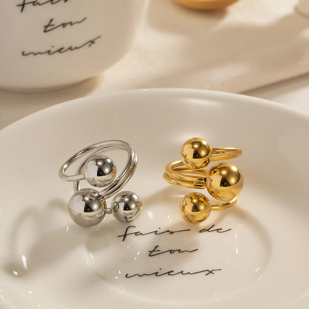 Minimalist 18K Gold Plated Statement Bead Ring Women Sporty Stainless Steel Ball Layer Ring