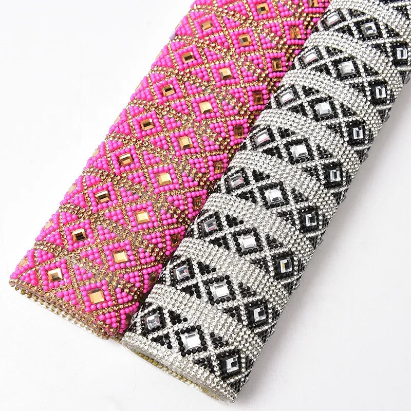 Hot Pink Black Glass Beads Rhinestone Sheet Iron on Applique Glitter Crystal Strass Mesh Self Adhesive Sticker