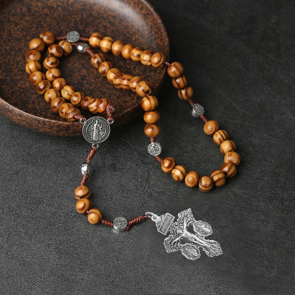 Catholic Religious Jewelry Gift Making Supplies 8*10mm Wooden Beads Rosary Necklace Cross Jesus Fashion Beaded Antique Bronze
